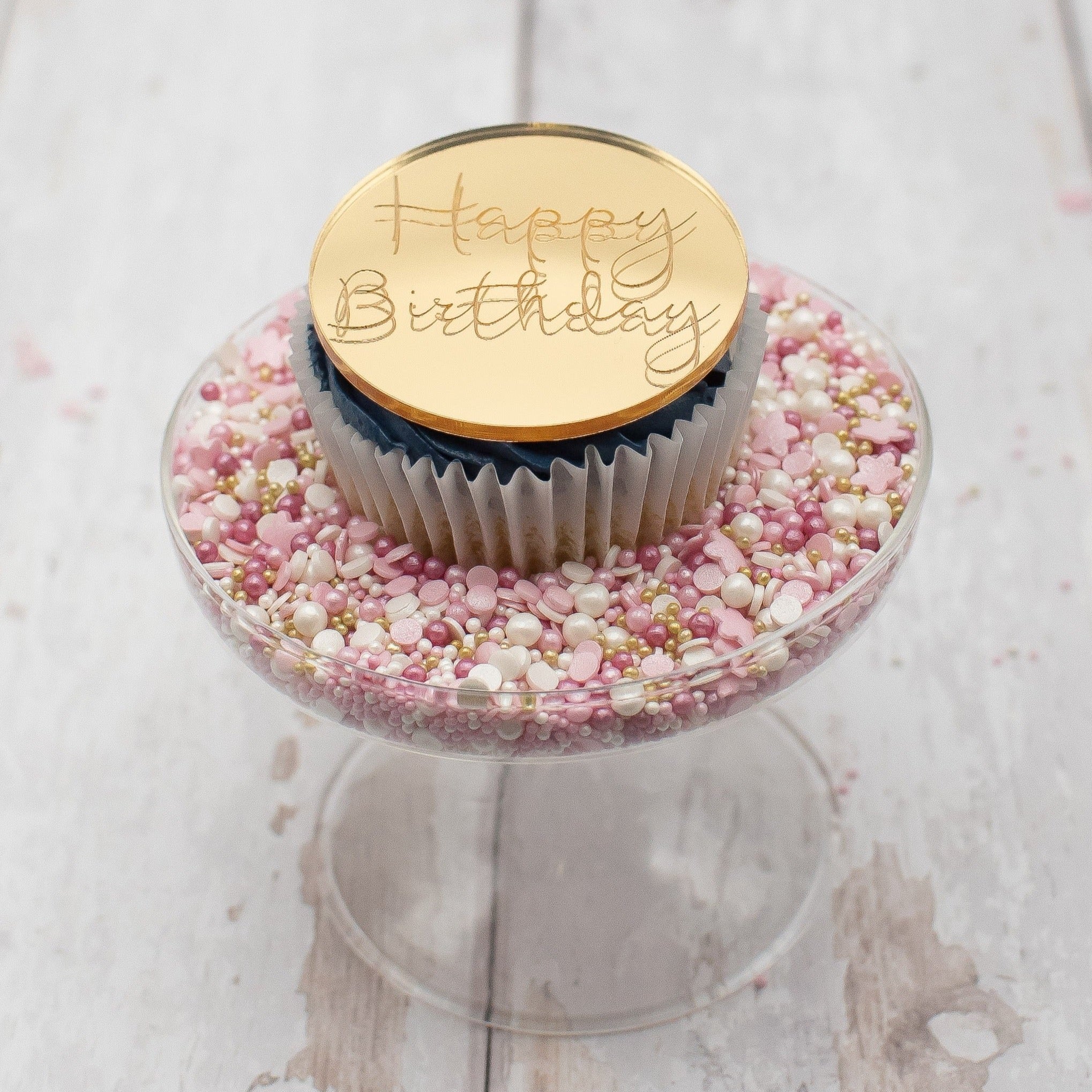 6 Gold Acrylic Cake Disc Mirror Cupcake Toppers Happy Birthday